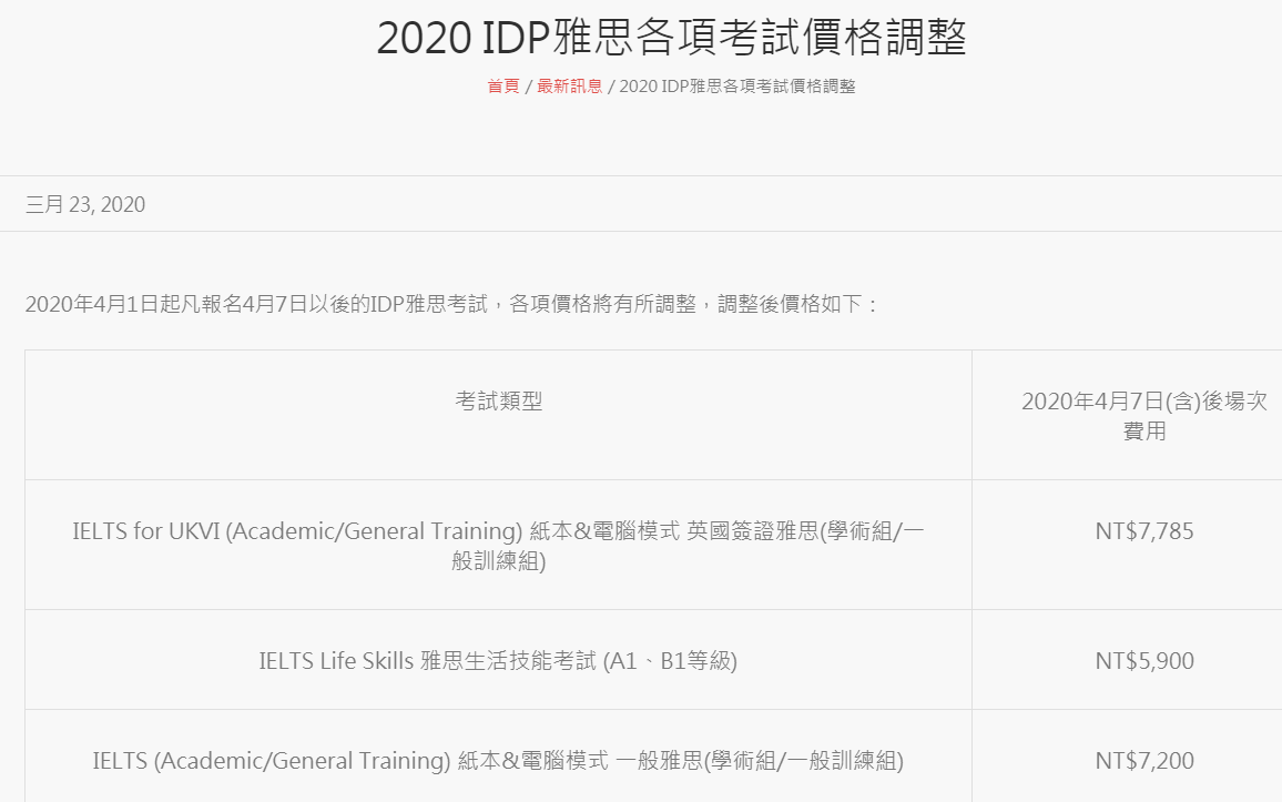 2020∙ IDP官方調價說明